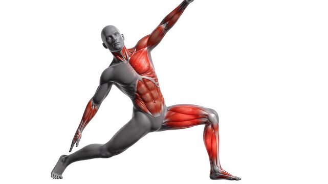 Dynamic Human Anatomy Animation Showing Muscle Engagement During Warrior II Pose Highlighting Pectoral and Leg Muscles