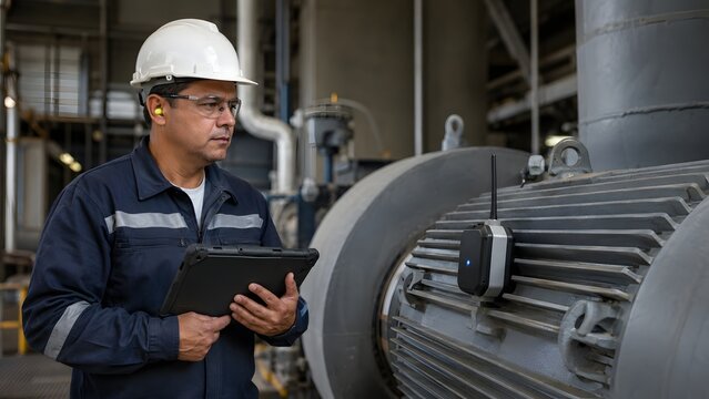 Technician monitoring a vibration sensor for predictive maintenance