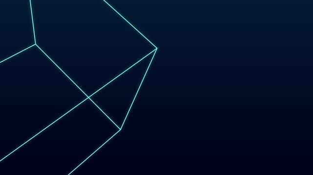 A rotating neon blue wireframe cube rotates on a dark blue background.