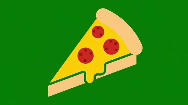 2D animated pepperoni pizza slice bouncing in place against a solid green screen chroma key background