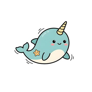 Cute Narwhal Swimming with Starfish Cartoon Illustration