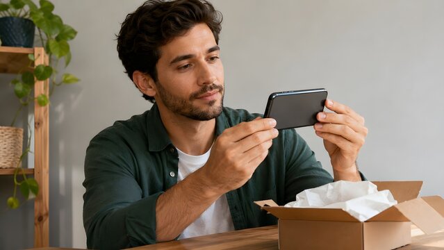 Man inspecting a refurbished smartphone before purchase