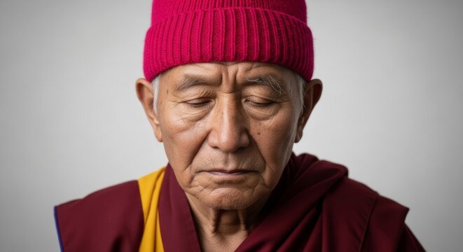 Detailed head and shoulders portrait of an elderly monk in meditation wearing a vibrant pink hat and dark maroon robes