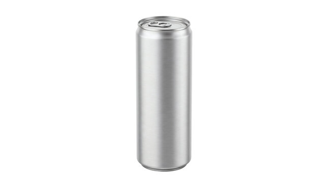 Branding mockups, blank silver aluminum beverage can isolated on transparent background. Cold soda drink metal tin container cutout. Beautiful top quality 3d realistic design elements collection.
