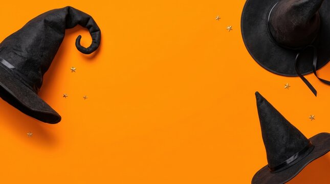A top-down flat lay shows three black witch hats and golden sprinkles forming a festive halloween border with central copy space on a vibrant orange background, creating a spooky mood.