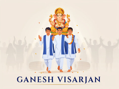 Happy Ganesh Visarjan and Anant Chaturdashi celebration banner with Lord Ganpati immersion procession illustration vector