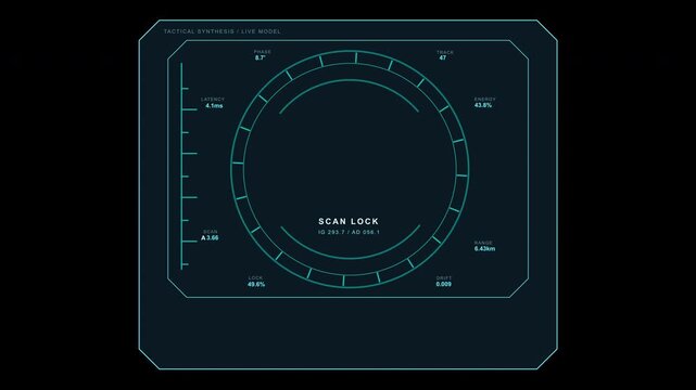 Scan Lock HUD user interface dashboard with targeting reticle, scanning indicators, tracking controls and futuristic tactical visualization for technology motion graphics