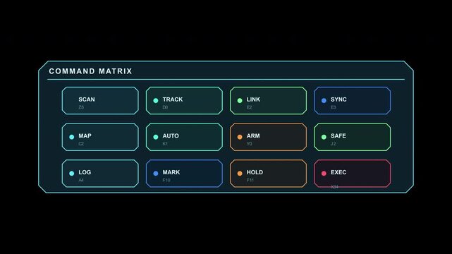 Command Matrix HUD user interface dashboard with modular controls, status indicators, digital panels and futuristic data visualization for technology motion graphics