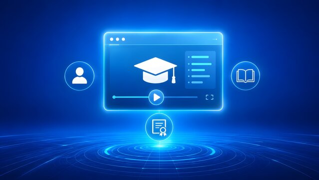Futuristic digital interface of online education platform with graduation cap and e-learning icons on blue glowing background.