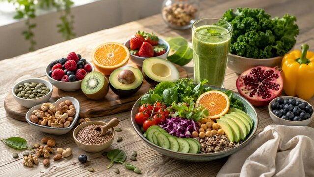 Healthy Fresh Food and Fruit Platter with Green Smoothie for a Nutritious Lifestyle