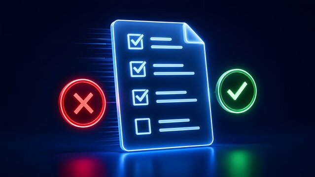 Neon glowing digital checklist document with motion lines and checkmarks representing fast task completion and fast approval.