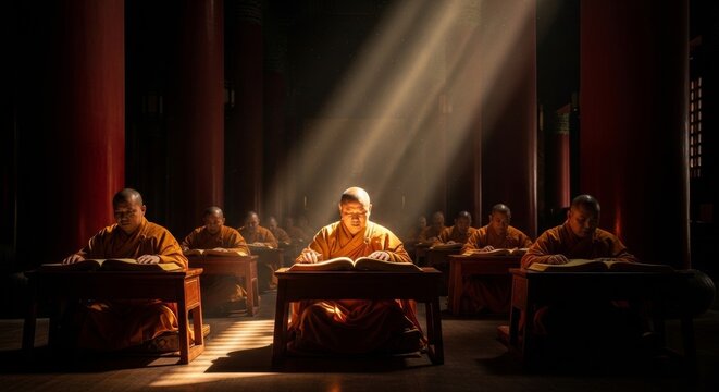 Several Buddhist monks seated in a row at wooden tables inside a cavernous temple bathed in golden shafts of light