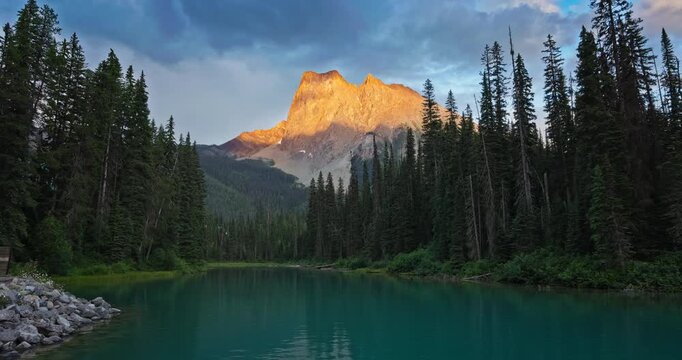 Sunset glow on Mount Burgess and Emerald Lake in Yoho National Park British Columbia Canada