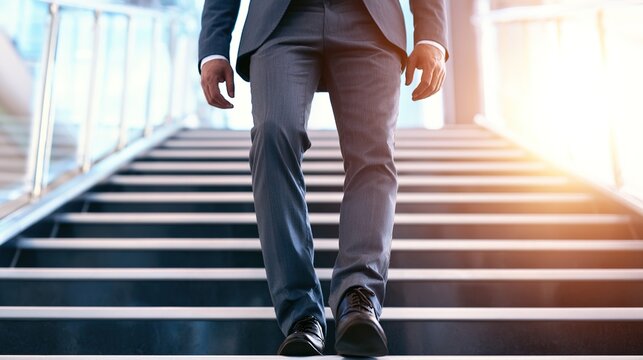 ascent. A business professional climbing stairs, symbolizing ambition and career growth in a modern setting. pitch deck slides.