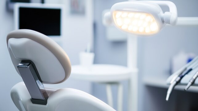 dental. Modern dental office featuring a sleek treatment chair under professional lighting with a clean aesthetic. safety posters.