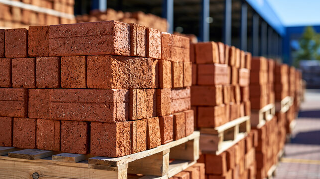 Large stacks of traditional red clay bricks stored on wooden pallets outdoors at a modern building materials yard, multiple pallet rows extending toward a warehouse, realistic brick textures and nat