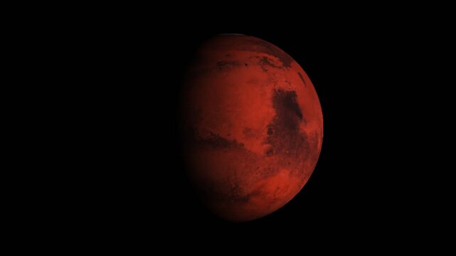 Beautiful 3D animation of Mars rotating in space, with realistic planetary surface and alpha channel. Ideal for science videos, astronomy projects, presentations, TV graphics and space‑themed content.