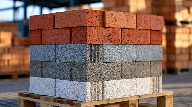 Mixed pallet containing several types of modern masonry blocks for private home construction, red clay bricks, gray hollow blocks and white aerated concrete arranged in separate layers, realistic pr