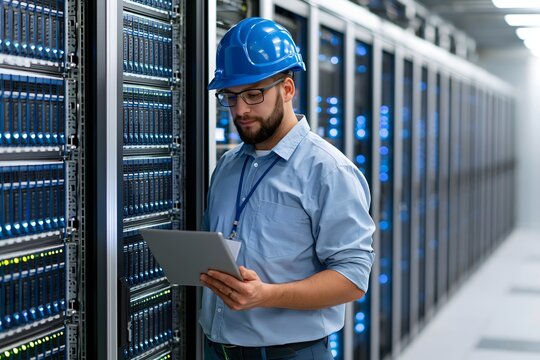 Professional data center technician inspecting server racks inside a modern secure facility, wearing appropriate protective equipment, glowing server lights, sophisticated network infrastructure,