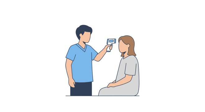 Medical checkup: nurse taking patient's temperature with infrared thermometer