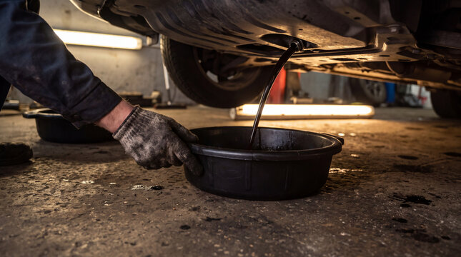 Draining engine oil mechanic car maintenance repair auto garage work focused professional task lubricate vehicle engine waste