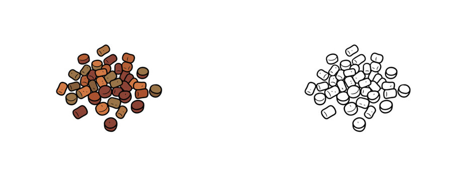Pile of fish food pellets in flat color cartoon and line art styles in brown, orange, and red colors, used for pet feeding on a white background