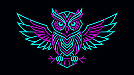 Fototapeta premium Neon Glowing Geometric Owl Illustration Featuring Intricate Patterned Feathers in Vibrant Cyan and Magenta Lines on a Dark Background