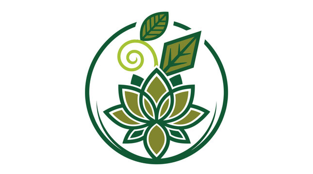 Stylized Green Lotus Flower and Spiraling Leaf Logo Design for Wellness and Natural Healthcare