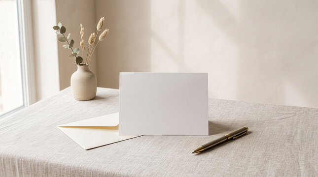 Blank White Greeting Card and Envelope Mockup on Table. 