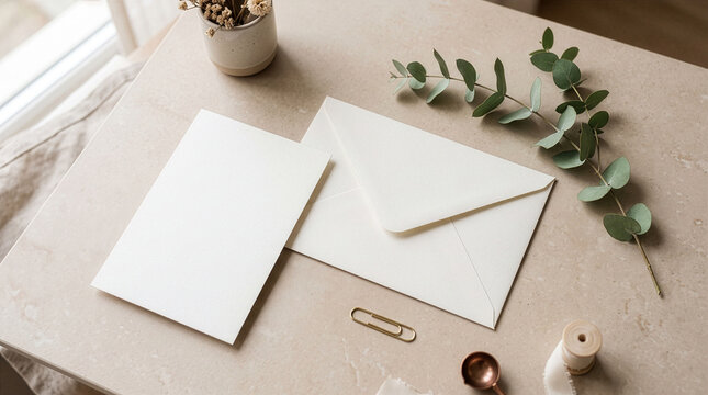 White Stationery Envelope and Card Mockup on Beige Surface. 
