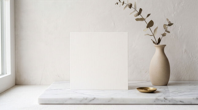 Blank Square Card Mockup on Marble Surface with Vase. 