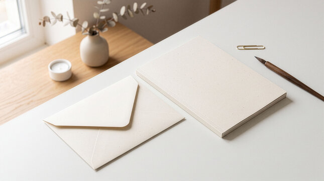 Cream Stationery Envelope and Paper Mockup on Wooden Desk. 