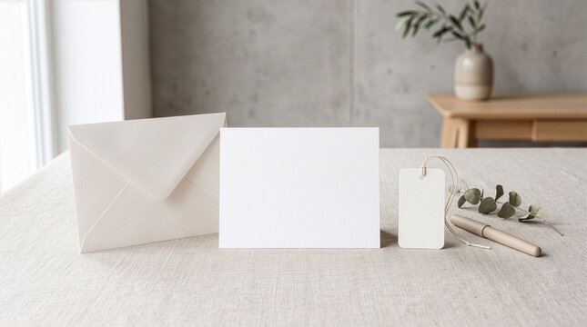 White Stationery Card and Envelope Mockup on Table. 