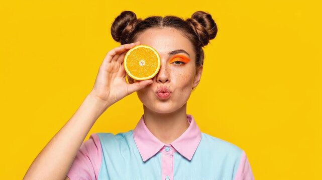 Close up portrait of a girl holding orange slice over her eye with subtle blinking and natural facial expressions
