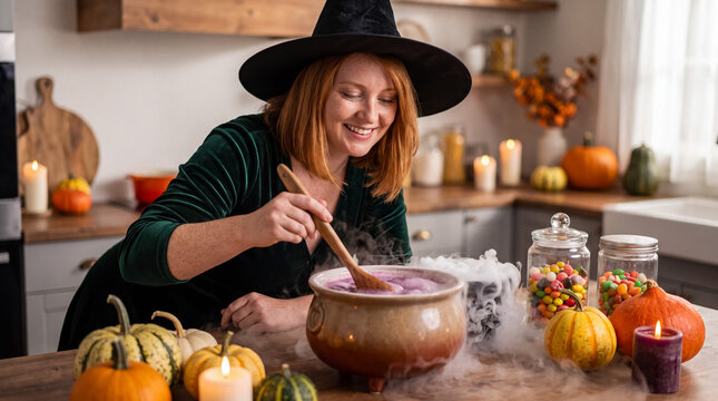 Redhead woman in witch costume stirring smoking potion in cauldron, celebrating halloween party in kitchen
