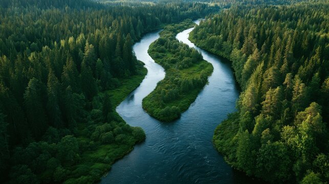 Winding river flows through a dense evergreen forest in an aerial nature view.