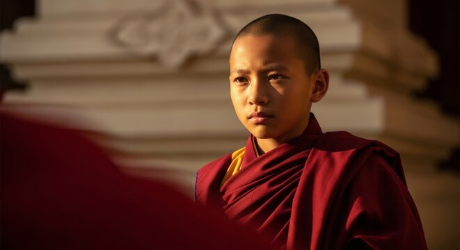A young novice monk in deep meditation with a peaceful expression and soft golden lighting on his face