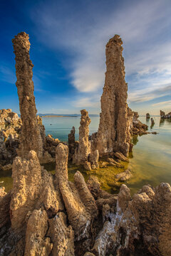 Vertical view of majestic limestone tufa towers on the shore of Mono Lake
