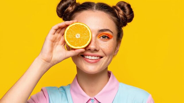 Close up portrait of a girl holding orange slice over her eye with subtle blinking and natural facial expressions
