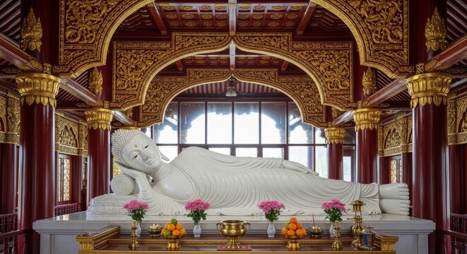 Opulent temple interior featuring a massive white marble reclining Buddha lying in deep peace within a crimson and gold shrine
