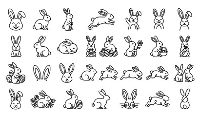 Fototapeta premium Easter Bunny Rabbit Line Icon Set with Eggs Flower Basket Carrot Bow Outline Vector Collection