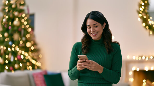 Latina Woman using smartphone during Christmas season at home, smiling in green sweater with decorated Christmas tree and warm festive lights. 