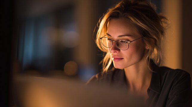 paperwork. Professional in office attire working intently at a tidy desk with warm lighting. pitch deck slides, case study pages, designed for corporate presentation decks and stakeholder reports.