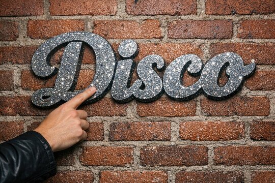 A person is pointing at a disco sign on a brick wall