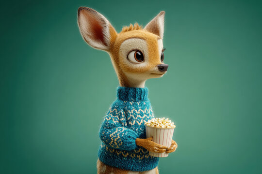Reindeer character in a blue christmas sweater holding a bucket of popcorn, deeply absorbed while watching