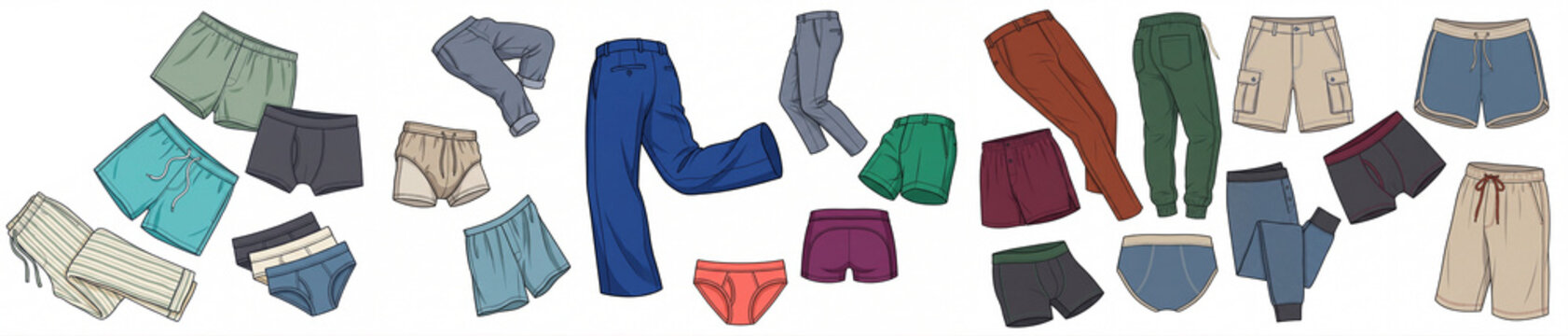 Men&rsquo;s shorts and pants clothing collection, casual fashion vector illustration set