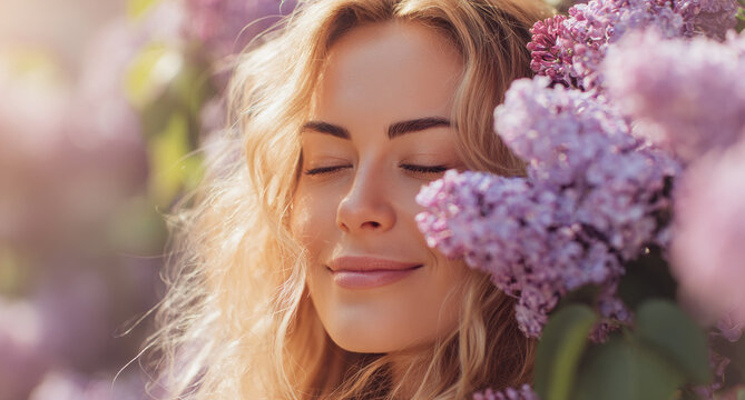 Young woman enjoying lilac flowers in spring garden, eyes closed feeling peace and nature's tranquility
