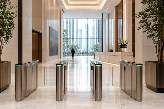 Modern corporate building lobby with stainless steel security turnstile flap barrier gates featuring green LED indicators and business person silhouette walking in elegant marble interior