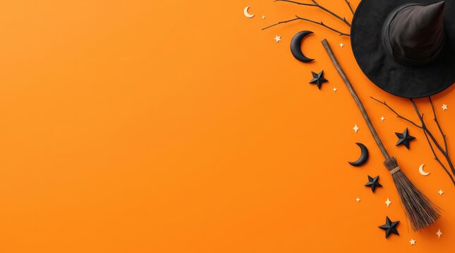 A vibrant orange halloween background with a festive border, showcasing a witch's hat, broom, stars, and moons in a top-down flat lay, providing ample copy space for seasonal designs.