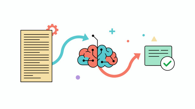 Artificial intelligence text summarization vector, machine learning natural language processing concept, AI brain analyzing document data